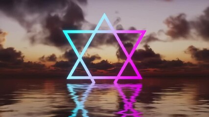 Neon triangle in surreal sunset clouds with pulsing light, drifting mist, and shimmering reflection - Powered by Adobe