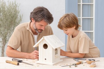 Father and Child Working Together on Building a Wooden Birdhouse in a Sunny Backyard During a Weekend Afternoon