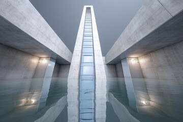 Fototapeta premium Flooded Elevator Shaft Filled With Dark Water Reflecting Concrete Walls in an Urban Building