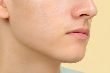 Obraz premium This Close-Up View Captures the Intricate Details of the Skin on a Cheek, Showcasing the Presence of Acne and Freckles Illuminated by Natural Light. The Image Highlights the Unique Textures