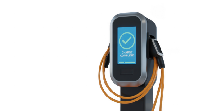 Modern electric vehicle charging station displaying a charge complete message on its screen, featuring an orange cable, set against a transparent background
