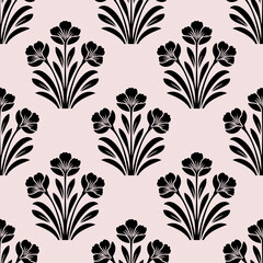Seamless pattern featuring floral folk art design with symmetrical silhouettes and decorative elements for a nordic inspiration