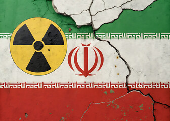 Iran nuclear program concept with cracked wall and flag of iran and radiation symbol for news and media use