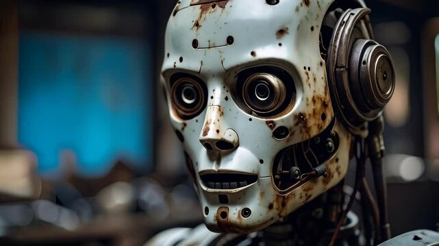 Close-up portrait of a weathered humanoid robot with exposed mechanical components, aged and textured in a cluttered workshop environment