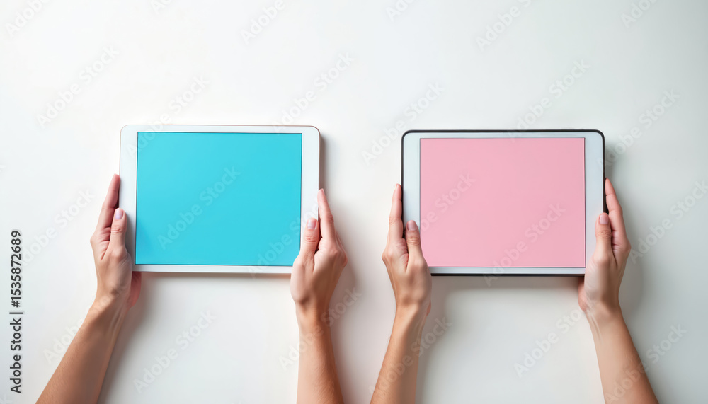 Poster ab testing comparison on white. hands hold two tablets with different colorful screens. concept adve