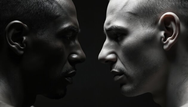 Two men face each other in black and white, capturing conflict dynamics. Emotional tension, dramatic lighting express human relations, communication challenge. Communication, understanding concept.