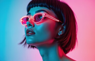Stylish woman with fashionable hairstyle, neon glasses against pink blue studio background. Brunette girl with bold lips. Modern portrait. Cyberpunk, futuristic art, digital age, night party concept,