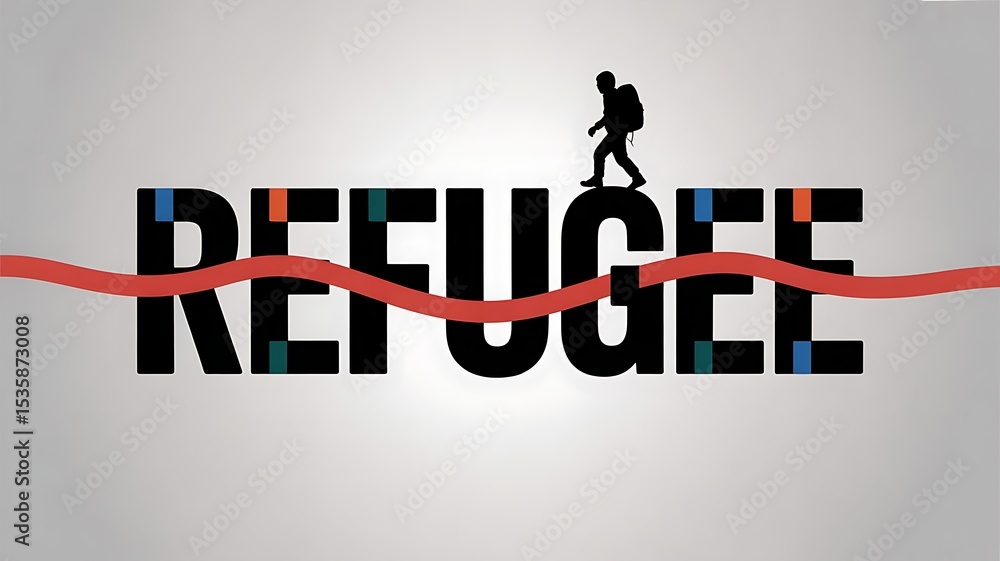 Fototapete minimalist row of stylized figures, holding hands underneath the text world refugee day banner for w