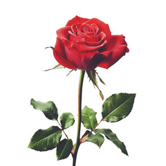 Single red rose with green leaf isolated on white, a symbol of love and beauty