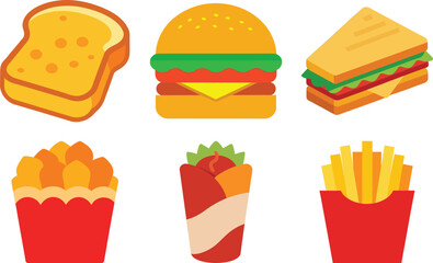 A colorful vector set of cartoon fast food icons, including burgers, pizza, and coffee, perfect for menus and illustrations