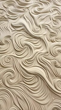 Beige plasterwork texture background featuring intricate swirl patterns and three-dimensional wave effects, providing an organic, seamless backdrop for design.