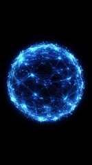 Glowing blue network sphere illuminates dark background with digital connections