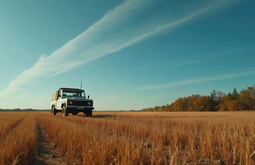 Fototapeta premium White retro SUV driving through wheat field, road trip, summer journey. Beautiful rural landscape, yellow crops harvest, blue sky with clouds, trees in background, countryside.