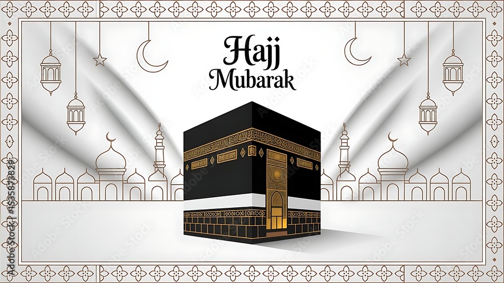 Fototapete minimalist hajj mubarak banner with kaaba illustration in the center,, created with generative ai