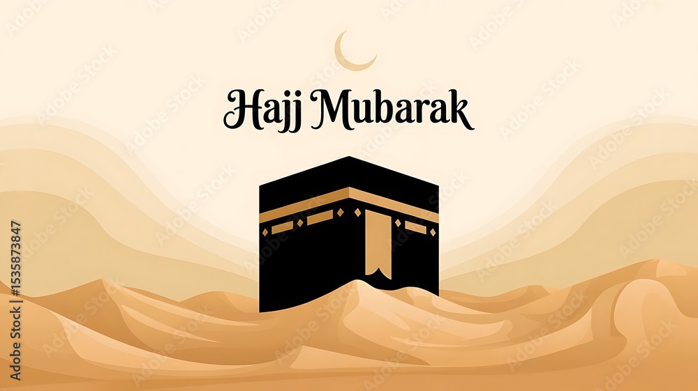 Fototapete minimalist hajj mubarak banner with kaaba illustration in the center,, created with generative ai