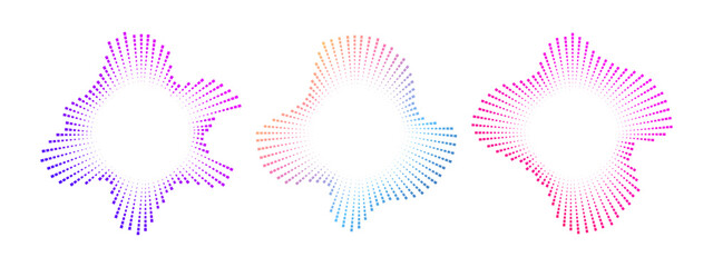 A set of circular multicolor burst ray equalizers . Radial sound, frequency sound neon waves . Pulsating music design element, voice graphic signal, circular waves . Vector radial spectrum.