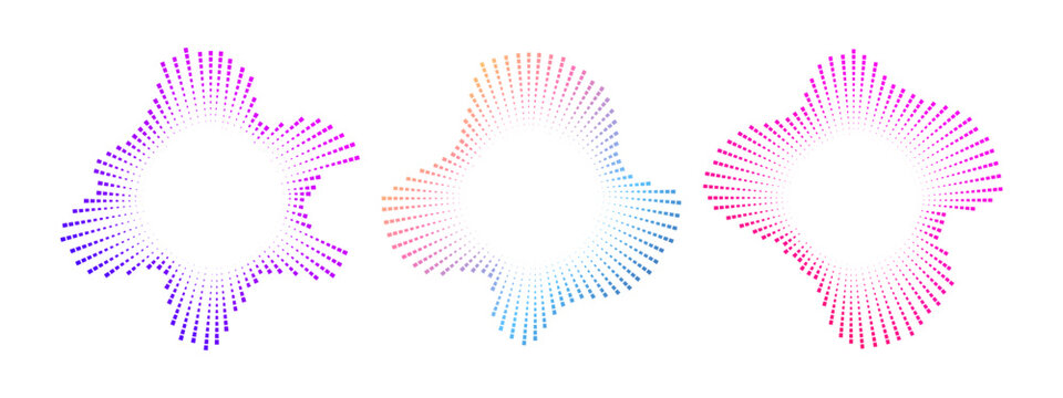 A set of circular multicolor burst ray equalizers . Radial sound, frequency sound neon waves . Pulsating music design element, voice graphic signal, circular waves . Vector radial spectrum.