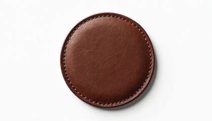 Round leather patch with visible grain. Brown leather, stitching details. Branding design element for logos, labels. Minimalist design. Perfect for business presentations, craft projects. High