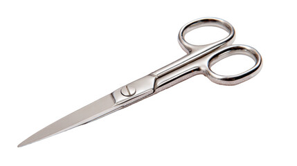 Obraz premium Small, sharp stainless steel scissors lying diagonally on a transparent background, perfect for cutting bandages and other medical materials with precision and care