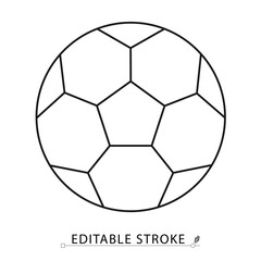 Soccer ball icon in minimal line style with editable stroke. Football symbol, sports equipment, ball element for athletic activity, game concept, physical training and competitive design visuals.