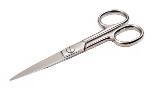 Small, sharp stainless steel scissors lying diagonally on a transparent background, perfect for cutting bandages and other medical materials with precision and care