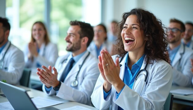 Medical professionals applauding success at seminar. Happy doctors in white coats at conference. Doctors meeting, celebrating victory. Teamwork, education and healthcare, medicine theme.