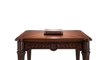 Arbitration rules book lies on a polished wooden table, set against a transparent background, creating a professional and legal themed image suitable for various projects