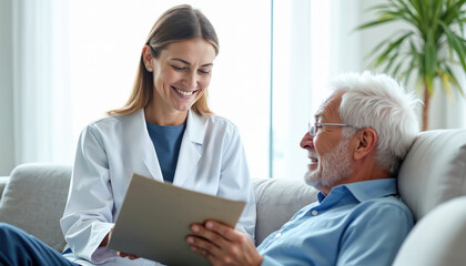 Positive female doctor conducts questionnaire of elderly male patient. Asking questions noting down responses. Consultation, treatment, home visit, health check, wellness. Elderly man smiles.