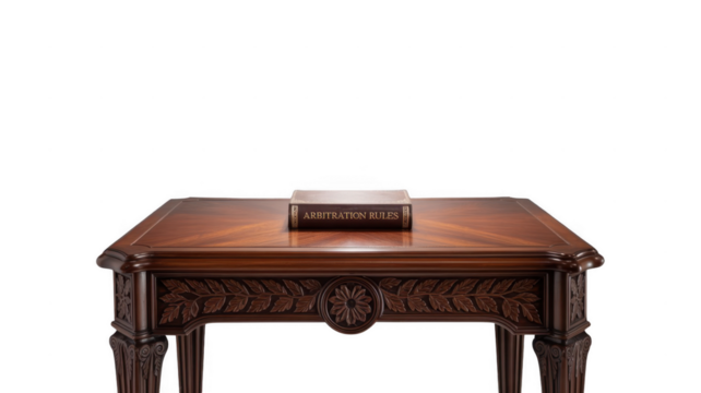 Arbitration rules book lies on a polished wooden table, set against a transparent background, creating a professional and legal themed image suitable for various projects