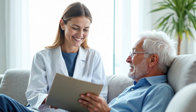 Positive female doctor conducts questionnaire of elderly male patient. Asking questions noting down responses. Consultation, treatment, home visit, health check, wellness. Elderly man smiles. - Powered by Adobe