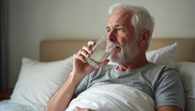 Senior man drinks water in bed. Elderly caucasian male patient takes refreshment after sleep in cozy room. Indoor healthy lifestyle in home apartment. Morning hydration. Health and wellness. - Powered by Adobe