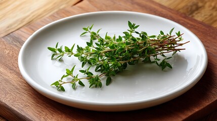 Fresh Thyme Sprigs on a White Plate