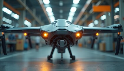 Advanced drone prototype showcased in high-tech factory setting. Military innovation manufacturing processes. Modern unmanned aerial vehicle design. Aerospace tech, production. Futuristic engineering