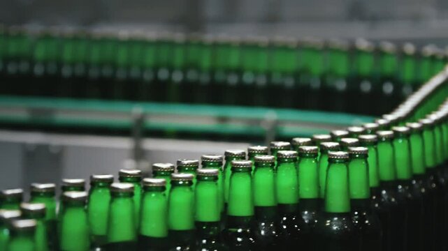 Green glass beer bottles traveling smoothly along industrial conveyor belt, showcasing automated manufacturing process within modern brewery production facility