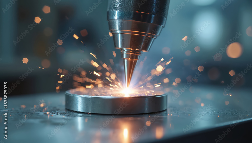 Poster precision metal welding process in modern lab setting. close-up shows laser welding machine in actio