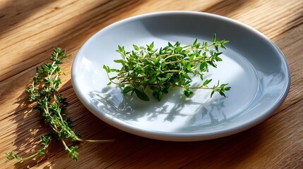 Fresh Thyme Sprigs on a White Plate Set on a Wooden Table