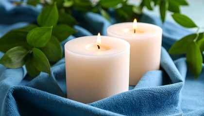 Two candles, greenery, soft blue