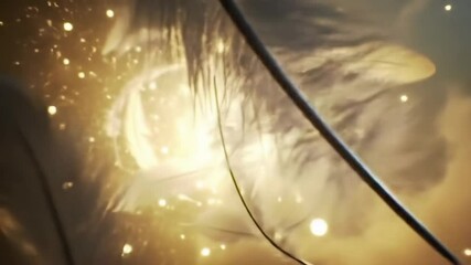 Ethereal drifting feathers glowing in golden light, swirling in soft mist, serene and dreamlike - Powered by Adobe