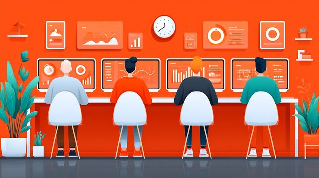 Digital marketing team collaborating SEO analytics in a modern office setting diverse professionals analyzing performance metrics on large screens strategy concept