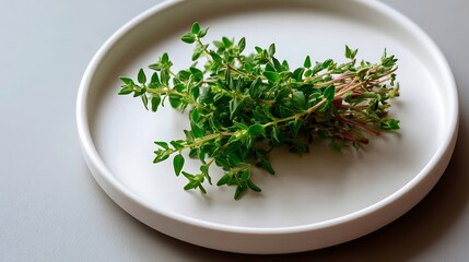 Fresh Thyme Sprigs on a White Plate