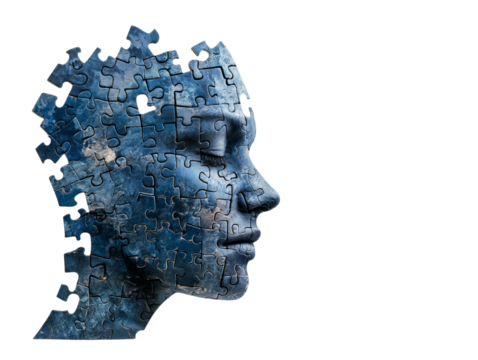 A surreal representation of a human head made of puzzle pieces, symbolizing complexity and thought.