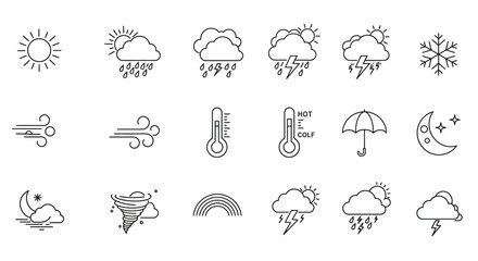 Weather Icons Line Art Set of Sun, Rain, Wind, Snow, and Temperature Illustrations