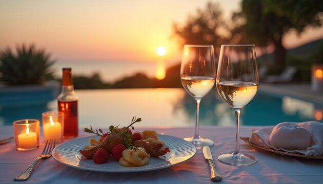 Romantic dinner setting poolside at sunset. Wine glasses delicious food candles table setting create warm inviting atmosphere. Evening meal, celebration of love happiness in luxurious place.