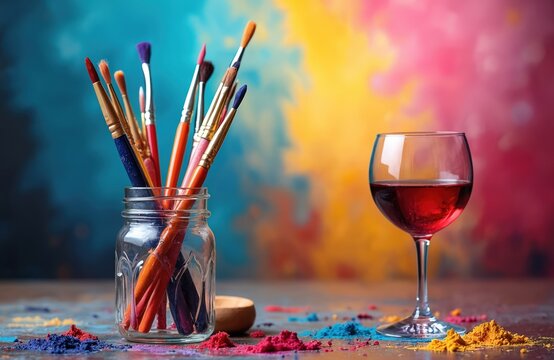 Art, wine night banner with paintbrushes, wine glass, creative splashes of color. Idea for summer sip, paint deals advertising. Festive atmosphere. Perfect for promoting classes events workshop.