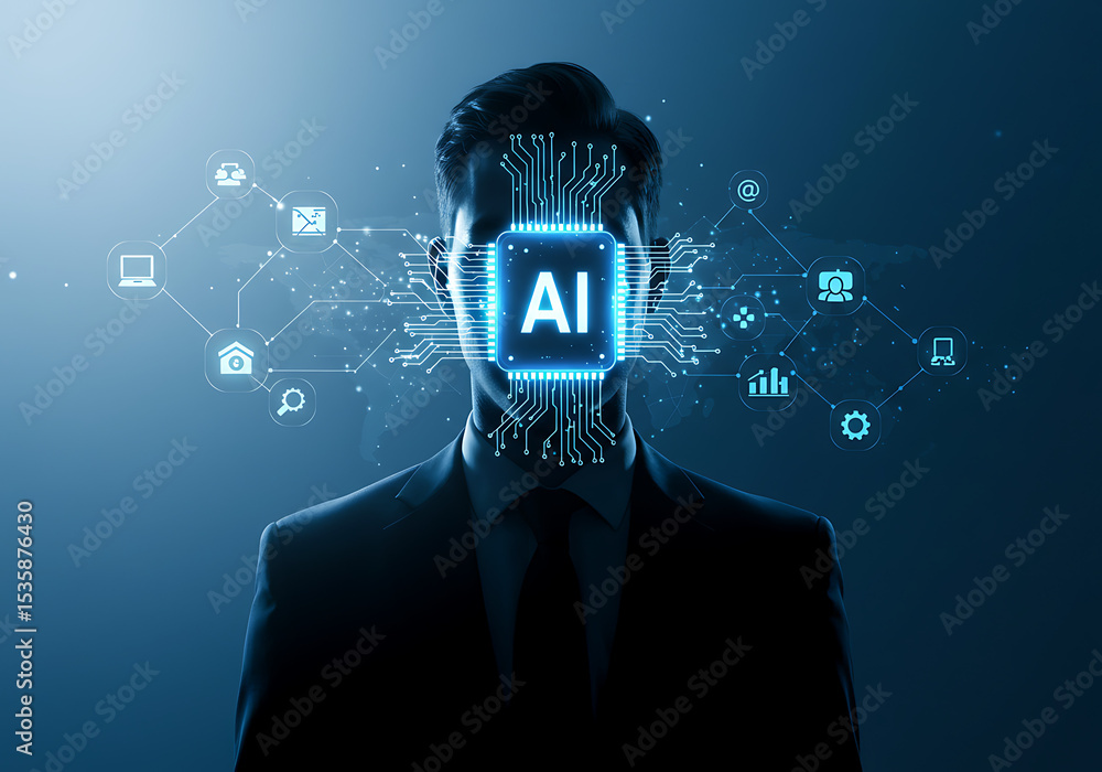 Aufkleber artificial intelligence ai concept with circuit board and man in suit for future technology innovati