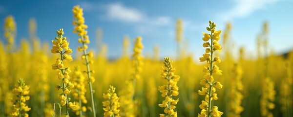 Obraz premium Wide-angle view of rapeseed field. Yellow flowering plants with blue sky background. Agriculture, farming, oilseed crops, canola growing in countryside. Summer landscape.