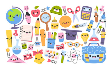 School supplies, writing stationery, education accessories kawaii cartoon characters isolated set