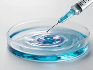 Close-up video of a drop of blue liquid falling from a medical syringe into a glass Petri dish. The droplet creates gentle ripples in the fluid. Clean laboratory background, slow motion - Powered by Adobe