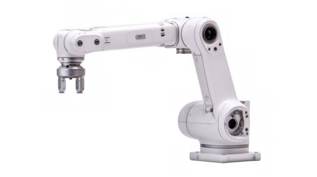 White robotic arm with articulated joints and sensors, performing a precise medical task against a transparent background, ideal for healthcare and technology concepts