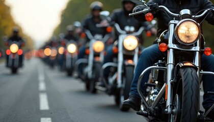 Motorcycle parade on highway. Bikers riding bikes, show concept. Road trip adventure. Group of motorcyclists on the move. Transportation, travel, freedom, speed and fun.